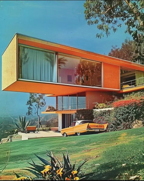 70s Modern Architecture, 70s Mansion Aesthetic, 70s Exterior Design, Modern 70s Architecture, Music Conservatory Architecture, Retro House Exterior Midcentury Modern, 70s House Outside, 70s House Floor Plans, 80s Architecture Exterior