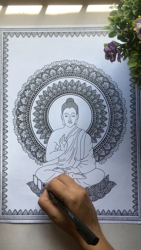 Gautama Buddha Mandala Art, Mandala Art On Book Cover, Gautam Buddha Mandala Art, Lord Buddha Mandala Art, Gautam Buddha Sketch, Gautama Buddha Drawing, Gautama Buddha Paintings, Buddha Pencil Drawing, Drawing Of Buddha