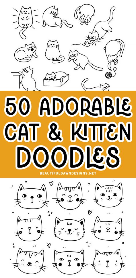 50 Adorable Cat and Kitten Doodles and Drawin How To Draw Cat Doodles, Doodle Cats Easy, How To Draw A Cartoon Cat, How To Draw Cute Cats, Cartoon Cats Cute Drawing, How To Draw Cats Easy, How To Draw A Kitten, Cats And Kittens Drawings, Easy Cat Drawing Simple