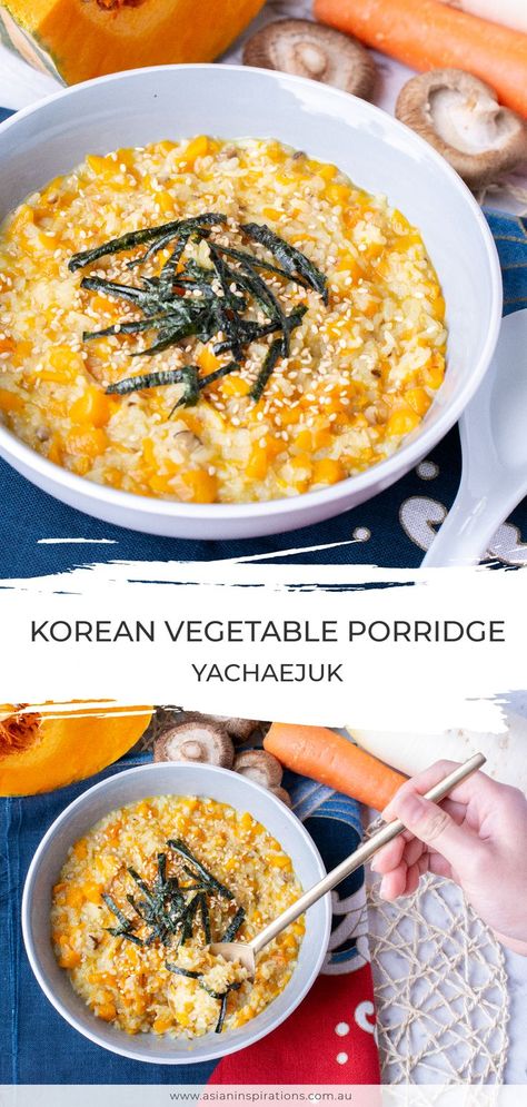 Juk Recipe Rice Porridge, Pumpkin Rice Porridge, Korean Congee Recipe, Korean Congee, Congee Vegetarian, Congee Recipe Vegetarian, Pumpkin Congee, Juk Recipe, Korean Rice Porridge