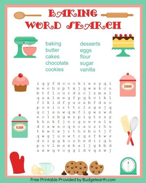 Baking Is Fun: Free Printable Games Baking Worksheet, Free Cooking Printables, Classroom Games Kindergarten, Cookie Games For Kids, Baking Party Games, Tea Party Word Search Free Printable, Kindergarten Classroom Games, Kids Baking Class, Food Word Search