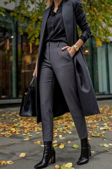 Elevate your office wardrobe with this sleek and sophisticated ensemble! 🍂 The tailored trousers and matching long coat paired with a classic black blouse and stylish ankle boots create the perfect balance of professionalism and chic style. Whether you’re headed to an important meeting or just strolling through the city, this outfit radiates confidence and class. Pin this look to your office style board and get inspired to upgrade your work wardrobe! Trousers Boots Outfit, Sleek Office, Office Wardrobe, Trouser Outfit, Autumn Look, Business Chic, Office Outfit, Office Style, Work Wardrobe