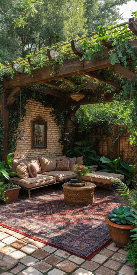 Patio Walls, Outdoor Living Space Ideas, Small Patio Ideas, Boho Backyard, Outdoor Stuff, Garden Rooms, Backyard Inspiration, Patio Makeover, Backyard Inspo