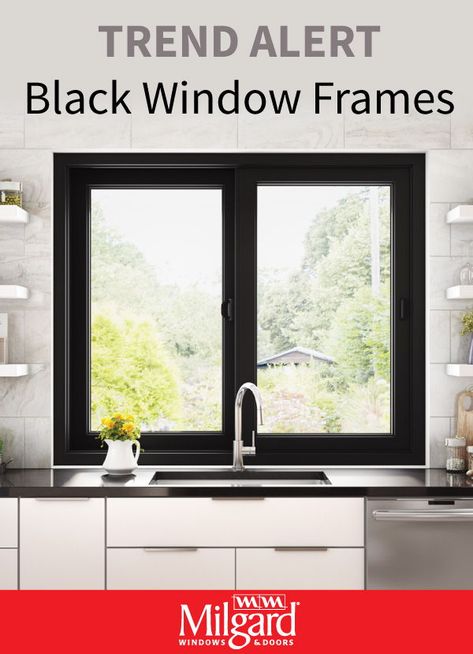 Striking black windows are the new trend for kitchens. The sleek black frame look complements the modern design for all types of kitchens. Featuring: Ultra™ Series fiberglass windows. View our other top picks for kitchen windows ideas on milgard.com/kitchenwindowideas #kitchenwindowideas #blackwindowframes #trendinghomedecor #kitchenwindows Black Framed Kitchen Windows, Milgard Ultra Black Windows, Black Window Frames Kitchen, Window With Black Frame, Kitchen With Black Window Frames, Milgard Trinsic Black Windows, Black Windows With Black Trim, Black Kitchen Window Over Sink, Black Kitchen Windows