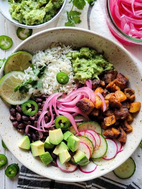 Al Pastor Bowl, Al Pastor Pork, Adobe Sauce, Taco Bowl, Cilantro Rice, Lime Rice, Taco Bowls, Cilantro Lime Rice, Marinated Pork