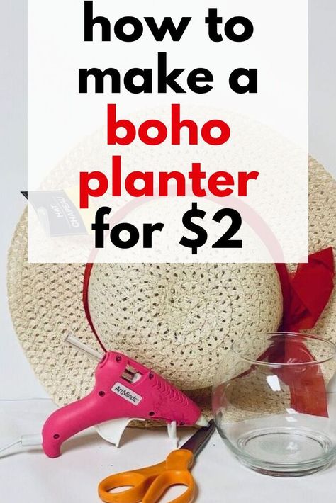 Planters Diy Upcycle, Dollar Tree Planters Diy, Boho Dollar Store Diy, Diy Wicker Basket, Wicker Hat, Diy Dollar Tree Gifts, Planters Diy, Dollar Tree Gifts, Planter Diy