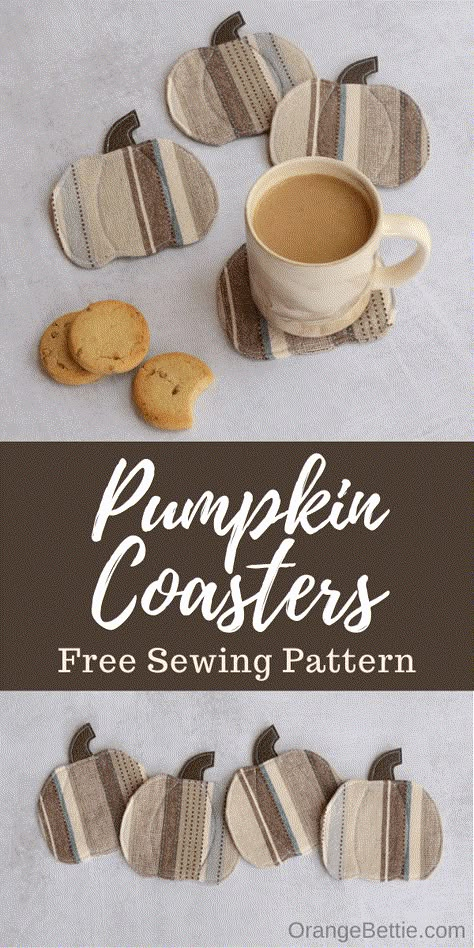 Fall Pumpkin Coasters - Free Sewing Pattern - Bombshell Bling Pumpkin Coasters Free Pattern, Sewing Coasters Free Pattern, Pumpkin Sewing Pattern Free, Fabric Pumpkins Diy Free Pattern, Coaster Sewing Pattern, Pumpkin Coasters, Pumpkin Patterns Free, Fall Sewing Projects, Pumpkin Tea