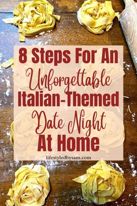 How To Have The BEST Italian Themed Date Night At Home {Date Night Ideas!) Italian Themed Date Night At Home is a fun, creative, DIY, unique, easy, inexpensive, at-home date idea that isn’t just Netflix for couples while you are quarantining at home or just want to change it up. Italian Themed Date Night Ideas include Make Your Own Pasta, Make Your Own Cannoli, Do An Italian Wine Tasting, Watch An Italian Themed Movie, Learn Basic Italian Words, and Dress Up. Italian Night Dinner Party Ideas, Italian Themed Date Night At Home, Homemade Pasta Date Night, Italian Valentines Day, Theme Date Night Ideas At Home, Themed Movie Night Ideas Adults, Movie Themed Dinner Ideas Adult, Italian Date Night At Home, Date Dinner Ideas At Home