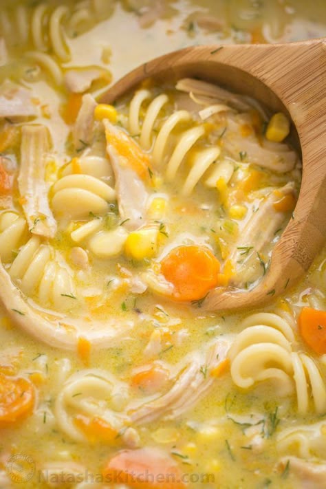 Creamy Chicken Noodle Soup Recipe | Natasha's Kitchen | Bloglovin’ Chicken Pot Pie Easy, Pot Pie Easy, Creamy Chicken Noodle, Chicken Noodle Soup Crock Pot, Chicken Bullion, Creamy Chicken Noodle Soup, Chicken Noodle Soup Easy, Pie Easy, Creamy Chicken Soup