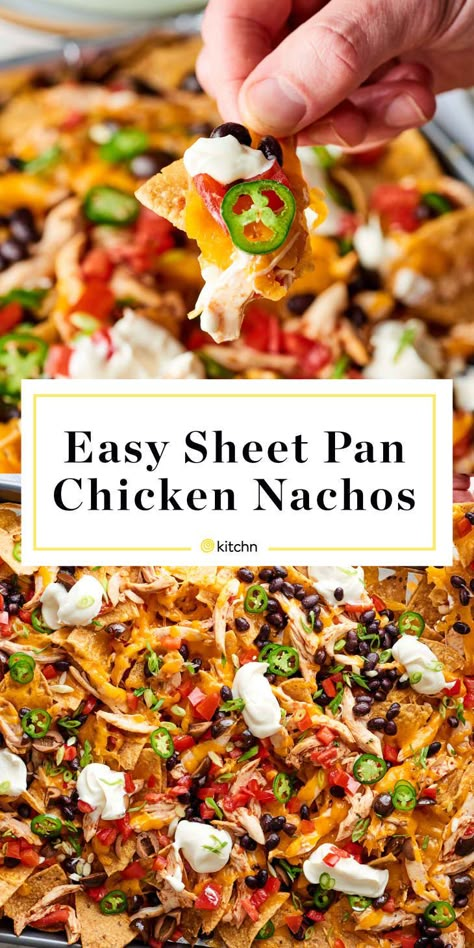 Cheesy Chicken Nachos, Easy Chicken Nachos Recipe, Easy Chicken Nachos, Easy Sheet Pan Chicken, Nacho Recipes, Chicken Nachos Recipe, Nachos Recipe Easy, Sheet Pan Chicken, Chicken Nachos