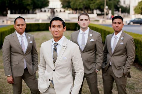 Beige and Taupe Groom and Groomsmen Suits Beige Groomsmen, Tan Groomsmen Suits, Beige Suits Wedding, Tan Groomsmen, Fall Wedding Attire, Beige Wedding Dress, Gray Groomsmen Suits, Groom Suit Grey, Taupe Wedding