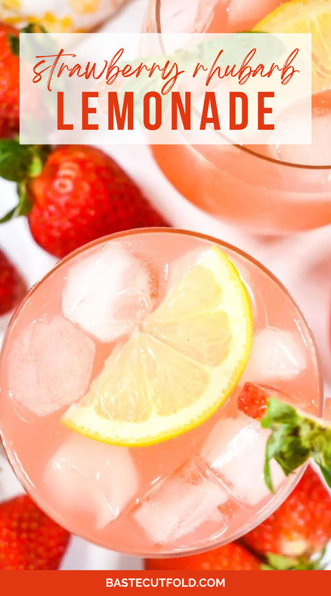 Comprised of fresh strawberries and homemade rhubarb simple syrup, this refreshing rhubarb and strawberry lemonade recipe makes a delightful beverage for picnics, pool parties, and summer celebrations.  A pleasant (and pink!) twist on a traditional strawberry lemonade recipe. Strawberry Rhubarb Lemonade, Rhubarb Simple Syrup, Rhubarb Lemonade, Homemade Strawberry Lemonade, Easy Pudding Recipes, Strawberry Lemonade Recipe, Fresh Strawberry Recipes, Hand Pie Recipes, Simple Syrup Recipes