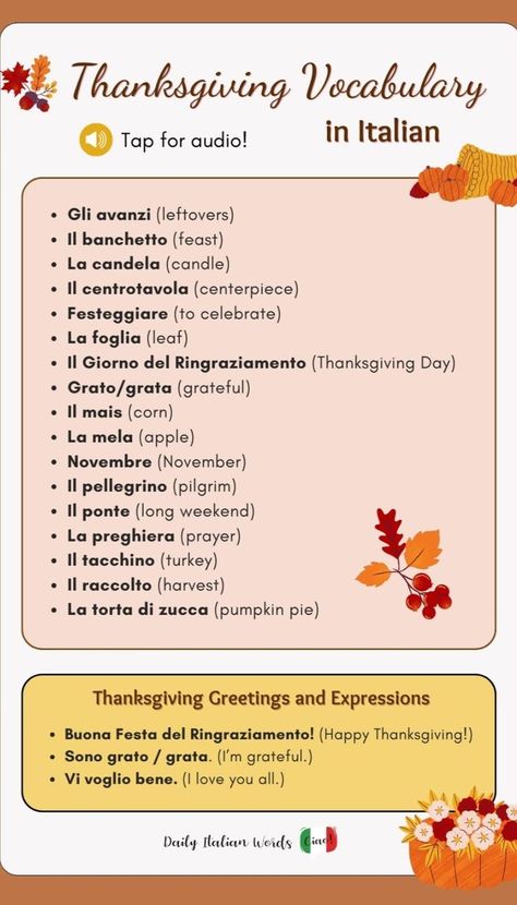 Thanksgiving Vocabulary in Italian Italian Thanksgiving, Italian Pronunciation, Thanksgiving Words, American Holiday, Italian Words, Words And Phrases, Words To Use, Turin, Looking Back