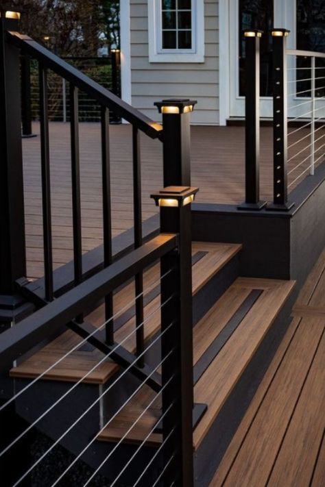 Extend the use of your deck well into the evening hours. Discover Deckorators lighting options. Dark Wood Decking, Diy Deck Decor, Wood Deck Steps, Cedar Decks, Deck Lighting Ideas, Dock Ideas, Deck Step Lights, Outdoor Deck Lighting, Deck Railing Ideas