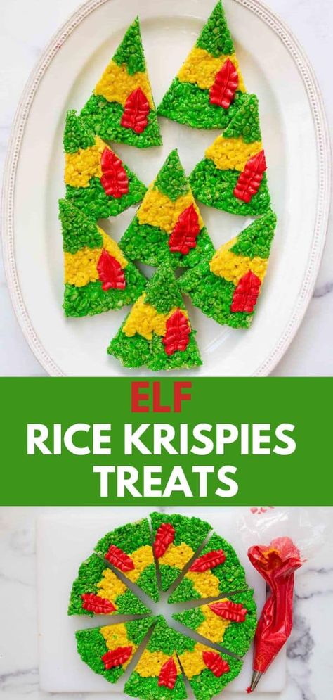 Buddy the Elf Hat Rice Krispies Treats - Elf Cookies Elf Hat Holiday Treats, Elf Rice Crispy Treats, Elf Snacks Parties Food, Buddy Elf Cookies, Elf Themed Desserts, Elf Movie Desserts, Buddy The Elf Snacks, Elf Inspired Food, Elf Movie Themed Snacks