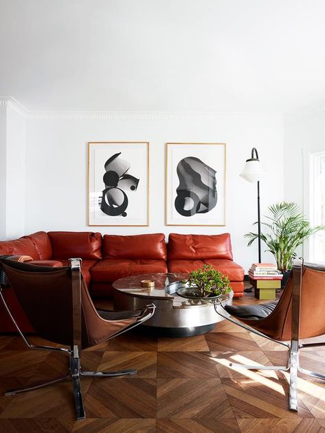 70s style living room. | Photo: Anson Smart | Story: BELLE Terrazzo Kitchen, Art Deco Apartment, Australian Interior Design, Master Ensuite, Interior Design Awards, Brown Living Room, Leather Recliner, Eames Lounge Chair, Mid Century Furniture