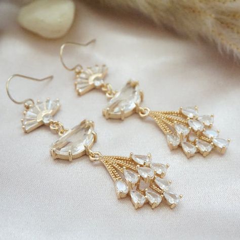 Long sparkly statement earrings Bridal Gold Earrings, Art Deco Wedding Jewelry, Beach Wedding Earrings, Snowdrop Flowers, Boho Bridal Earrings, Crystals Pink, Random Products, Threader Earrings Gold, Fan Jewelry