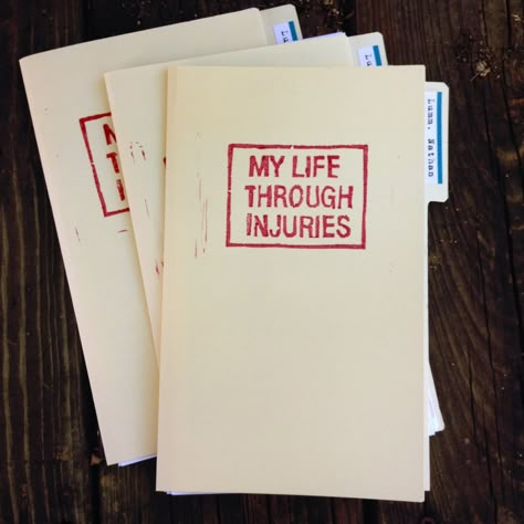 My Life Through Injuries zine by Nathan Lumm - #logo #logodesign #elegantlogo Zine Topics Ideas, Aesthetic Zine Ideas, Zine Making, Zine Themes, Zine How To, Zine Ideas Inspiration, 90s Zines, Zine Making Workshop, Custom Folders