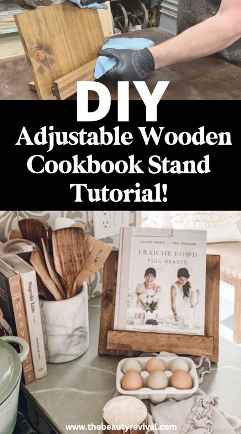 Recipe Card Stand Diy, Diy Wooden Cookbook Stand, Diy Wood Recipe Book Holder, Wooden Book Stand Diy, Cook Book Stand Diy, Diy Recipe Holder, Recipe Holders Diy Ideas, Recipe Book Holder Diy, Cookbook Holder Diy