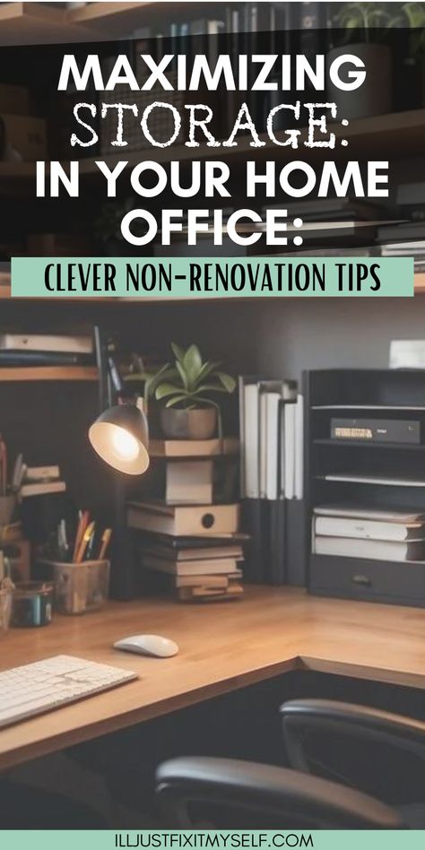 Efficient storage ideas for home office organization. Image of an organized office Space Saver Office Desk, Storage Ideas For Small Office, Efficient Office Organization, Small Office Space Storage Ideas, Small Office Space Organization Ideas, Storage Home Office, Office Equipment Storage, Home Office Storage Solutions, Tiny Office Storage