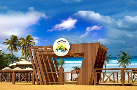 Beach Gate Design, Beach Front Restaurant, Beach Cabana Ideas, Venue Branding, Extreme Logo, Shop Board Design, Event Entrance Arch Design, Beach Restaurant Design, Gate Arch