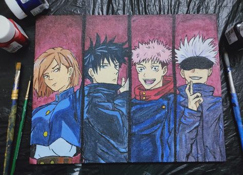 Acrylic Painting of Nobara Kugisaki, Megumi Fushiguro, Yuji Itadori, Satoru Gojo from Jujutsu Kaisen anime. Gojo Satoru Canvas Painting, Megumi Painting, Gojo Acrylic Painting, Paint Anime, Anime Canvas Painting, Jujutsu Kaisen Anime, Nobara Kugisaki, Inspiration Painting, Megumi Fushiguro