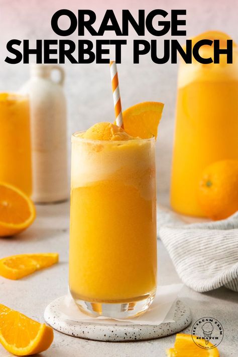 Orange Sherbet Punch is a sweet and refreshing drink that's perfect for parties any time of the year! It's a simple recipe with just 4 ingredients. Punch With Sprite, Orange Sherbet Punch, Orange Punch Recipes, Lime Sherbet Punch, Ice Cream From Scratch, Sherbet Punch Recipes, Sherbet Recipes, Orange Punch, Sherbet Punch