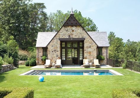 Adore this little stone pool house with interiors fashioned by renowned Atlanta designer Phoebe Howard. Could this... Stone Pool House, Phoebe Howard, Pool House Design, House Minimalist, Pool House Designs, Stone Pool, Best Modern House Design, Bedroom Minimalist, Minimalist House Design