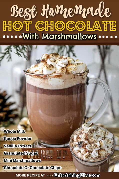 Best Homemade Hot Chocolate With Marshmallows | Holiday Recipes Judys Hot Cocoa, Jello Shots Christmas, Gourmet Hot Chocolate Recipe, Ice Chocolate Drink, Best Homemade Hot Chocolate, Homemade Hot Chocolate Recipe, Spiked Hot Cocoa, Hot Cocoa Recipes, Christmas Turkey Recipes