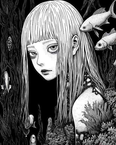 Horror Manga Icon, Armband Tattoos, Arte Grunge, Japanese Horror, Dark Art Drawings, Dark Art Illustrations, Wow Art, Scary Art, Creepy Art