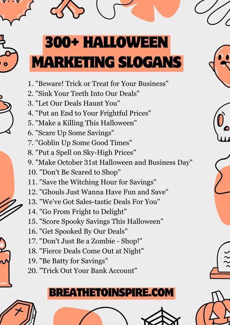 Halloween Med Spa Specials, Halloween Campaign Ideas, Halloween Business Marketing Ideas, Halloween Promotion Ideas, Halloween Content Ideas, Halloween Slogans, Halloween Marketing Ideas, Sales Slogans, Small Business Ideas Products