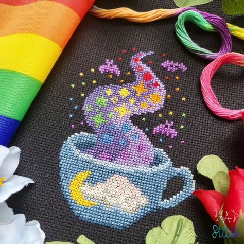 🏳️‍🌈 New Release ~ Pride Tea 🏳️‍🌈 Happy Pride, everyone! Fresh in my shop is this customizable pattern! This design comes with 10 variations of Pride flags including: Aromantic Asexual Bisexual Disability Lesbian Nonbinary Pansexual Polyamory Rainbow Transgender And bats! Don't forget the cute bats! Photos show the different variations as well as the Asexual variation stitched & framed by @dyeingforsass #badstitch #pridecrossstitch Whimsical Cross Stitch Patterns, Lisa Frank Cross Stitch, Howls Moving Castle Cross Stitch, Cute Cross Stitch Patterns, Cool Cross Stitch, Cross Stitch Free, Free Cross Stitch Pattern, Unique Cross Stitch, Cross Stitch Funny