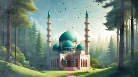 AI generated Islamic animation of beautiful mosque building and beautiful trees background in 3D illustration style. seamless looping video animated background. Islamic Animation, Fantasy Mosque, Mosque Animation, Mosque Background Design, Mosque Building, Mosque Wallpaper Desktop, Looping Video, Badshahi Mosque Video, Trees Background