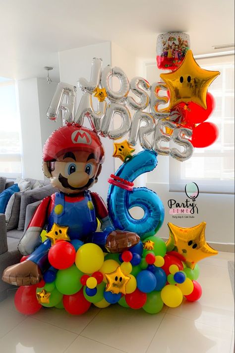 Mario Brothers Balloon Decorations, Mario Birthday Theme Ideas, Mario Kart Balloons, Mario Party Balloons, Super Mario Balloon Decorations, Mario World Birthday Party, Super Mario Balloon Bouquet, Mario Balloon Bouquet, Mario Birthday Balloons