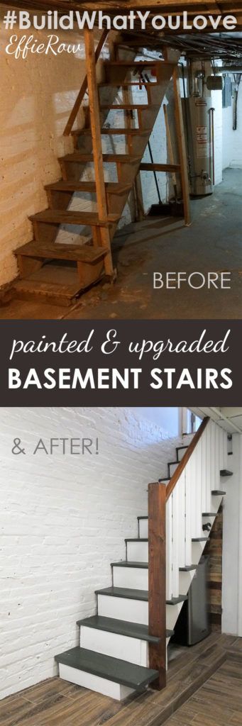 Definitely an affordable option. No need to rip out old basement stairs. Paint and stain works WONDERS. Bungalow Basement, Basement Stair, Stairs Makeover Ideas, Basement Steps, Stairs Renovation, Old Basement, Dream Basement, Basement Remodel Diy, Stairs Makeover