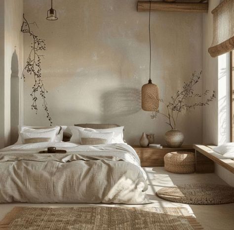 Zen Minimalist Bedroom, Peaceful Bedroom Ideas, Bedroom White Bed, White Boho Bedroom, Minimalist White Bedroom, Japandi Room, Bedroom Japandi, Yoga Bedroom, Room Color Design