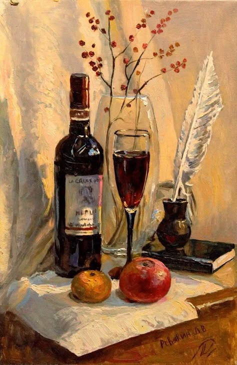 Still life with wine. Oil painting - Still life by Dmitry Revyakin | OpenSea Wine Oil Painting, Famous Still Life Paintings, Feather Pen, Wine Painting, Paintings Famous, Рисунки На Холсте, Oil Painting For Sale, Still Life Oil Painting, Fruit Painting