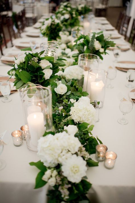 green and white floral and candle table runner Candle Table Runner, Pretty Wedding Centerpieces, Wedding Table Decorations Centerpieces, Greenery Wedding Centerpieces, Bridal Table, Wedding Table Flowers, Candle Table, Wedding Table Decorations, Long Table