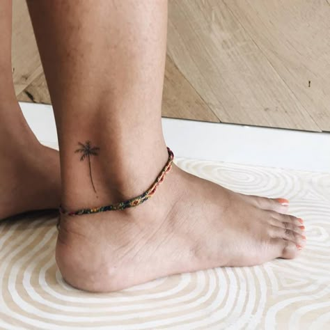 Sideways Wrist Tattoo, Small Tropical Tattoo, Kalula Tattoo, Palm Tree Tattoo Ankle, Florida Tattoo, Beachy Tattoos, Tiny Tattoos For Women, Mommy Things, Ankle Tattoos For Women