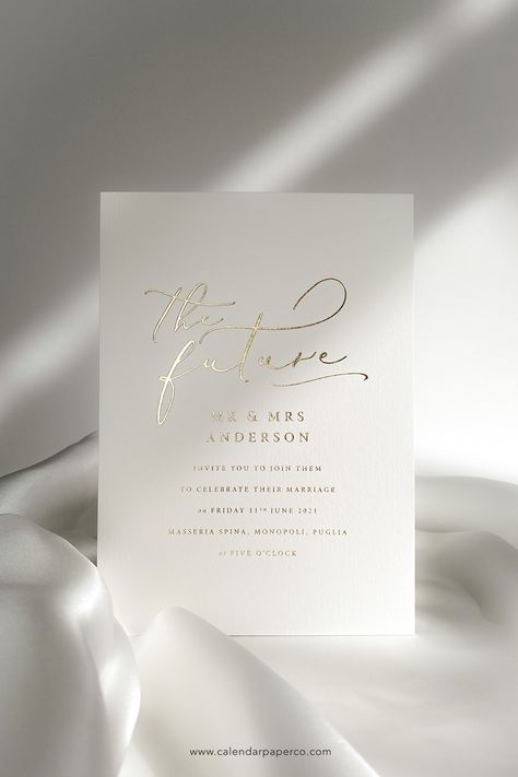 Wedding invitation printed in gold hot foil; modern and luxurious. Shop the collection on calendarpaperco.com #hotfoil #goldfoil #futuremrandmrs #minimalweddinginvitations #foilsavethedate #modernweddinginnvite #weddinginvite Gold Vellum Wedding Invitations, Gold White Wedding Invitation, Foiled Wedding Invitations, Foiled Invitations, White And Gold Wedding Invitations, Wedding Invitations Minimalist, Gold Wedding Invite, Gold Foil Invitations, Engagement Invites