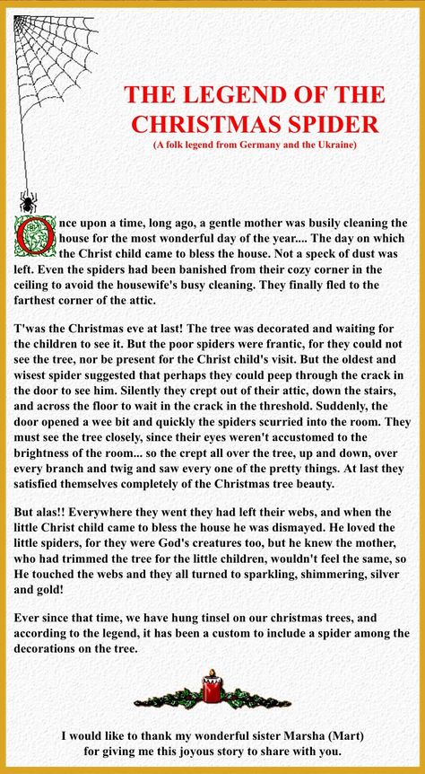 Legend of the Christmas Spider--although I hate spiders, I really like this! Spider Poem, Christmas Legends, Legend Symbol, Legend Of The Christmas Spider, Christmas Stories, Quotes Christmas, Christmas Spider, Christmas Ephemera, Christmas Poems