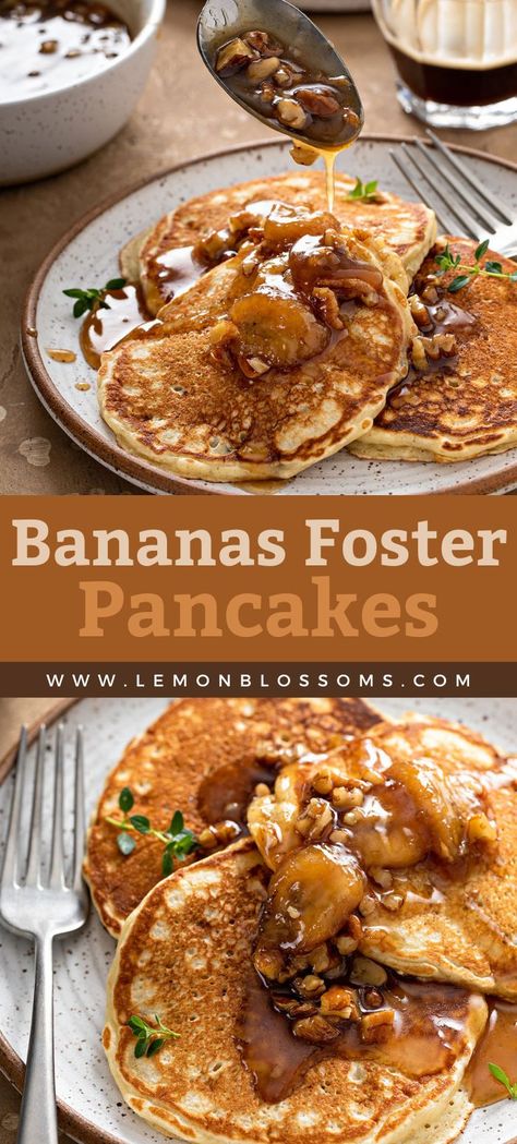 These fluffy Bananas Foster Pancakes are topped with sweet caramelized bananas and pecans in a warm, rich and buttery maple brown sugar rum sauce. Ready in less than 30 minutes! #lemonblossoms #bananasfoster #bananapancakes #pancakes #breakfast Bananas Foster Pancakes, Banana Pecan Pancakes, Bananas Foster Sauce, Banana Foster Pancakes, Bananas Foster French Toast, Rum Sauce, Yummy Pancake Recipe, Chili Verde, Pancakes Breakfast