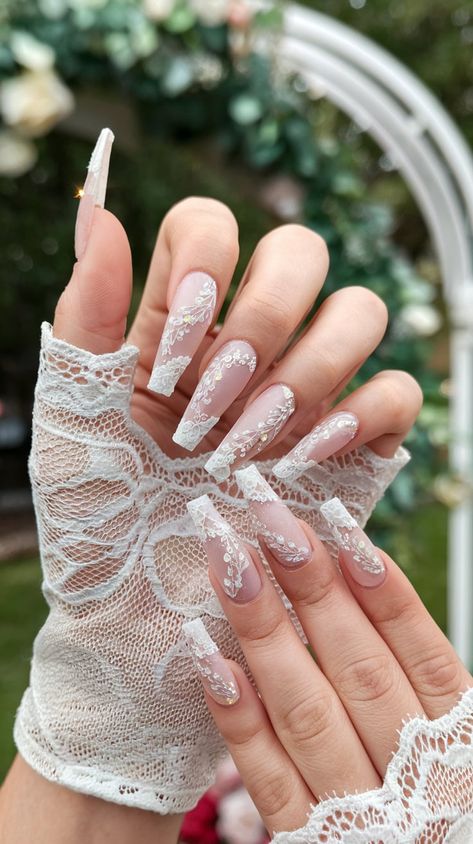 Whimsical Wedding Nail Designs for a Magical Touch Lace Bridal Nails Wedding, Wedding Nails For Bride Long, Wedding Nails For Bride Coffin, Unique Wedding Nails For Bride, Bridal Nails Coffin, Wedding Nails For Bride Classy Bridal, Spring Wedding Nails, Lace Wedding Nails, Nail Ideas Wedding