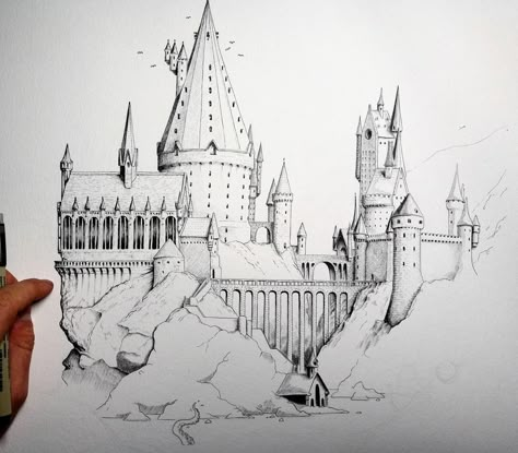 #hogwarts #illustration #art #hogwartscastle #harrypotter #castle Watercolor Hogwarts Castle, Harry Potter Castle Sketch, Drawing Of Hogwarts Castle, Hogwarts Pencil Drawing, Harry Potter Tattoos Hogwarts Castle, Harry Potter Ink Drawing, Hogwarts Castle Illustration, How To Draw Hogwarts Castle, Harry Potter Castle Painting