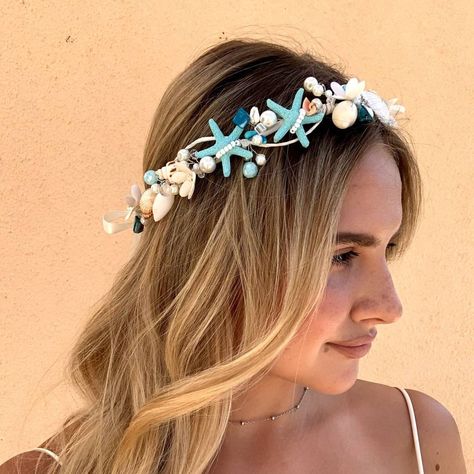 Blue Beach Party, Beach Wedding Tiara, Seashell Headpiece, Starfish Headpiece, Seashell Tiara, Beach Hair Accessories, Starfish Wreath, Seashell Crown, Festive Hair