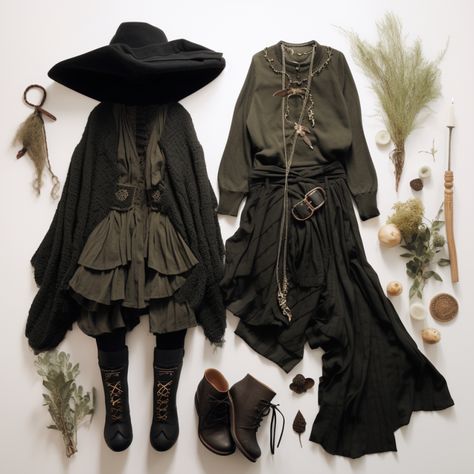 Forest Goth Aesthetic Outfits, Dark Cottagecore Aesthetic Fashion, Dark Cottagecore Aesthetic Outfits, Dark Cottage Core Outfits, Cottagecore Witch Outfit, Haunted Cottagecore, Nature Witch Aesthetic, Witch Core Outfits, Dark Cottagecore Outfits