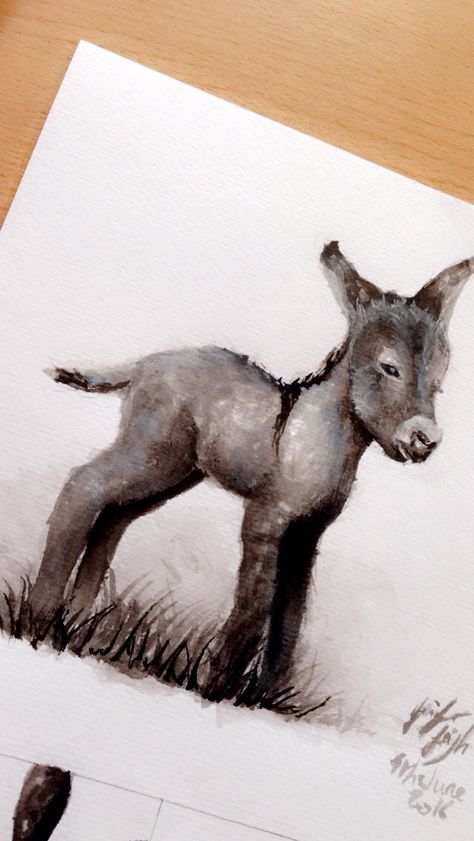 Donkey Doodle, Donkey Watercolor Painting, Cute Donkey Drawing Art, Watercolor Donkey, Donkey Drawing, Branch Drawing, Baby Donkey, Palm Branch, Cute Donkey