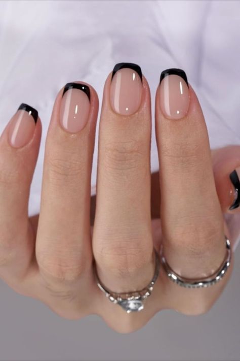 Gel Nails Square Oval, Black Squoval Nails Short, French Tip Nails On Short Nails, Finger Tip Length Nails, Black Tips On Nails, Short Black Tips Nails, French Tip Gel Nails Short With Glitter, Short Gel Nails Black French Tips, Short Round French Manicure