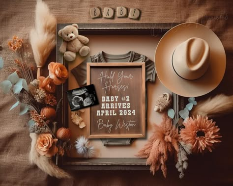 Introducing our Cowboy Digital Pregnancy Announcement and Western Baby Announcement - a perfect blend of Western charm and southern country life. Share your exciting news in a unique way with our customizable and editable social media template. This announcement is designed to capture the essence of country living, rodeos, and cow farms, making it an ideal choice for new moms-to-be expecting a little cowboy or cowgirl. With a touch of Southern flair, our Western Pregnancy Reveal showcases an ult Baby Boy Western Nursery, Western Baby Announcement Ideas, Pregnancy Announcement Western, Western Boho Nursery, Western Nursery Baby Boy, Farm Baby Announcement, Western Pregnancy Outfits, Western Gender Reveal Ideas, Western Baby Announcement