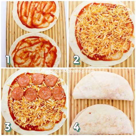 4 step photo collage showing how to make pepperoni pizza quesadillas Taco Shell Pizza, Recipes With Soft Tortilla Shells, Tortia Shell Pizza, Quesadilla Pizza Recipes, Pepperoni Quesadilla, Easy Pizza Quesadilla Recipes, Easy Tortilla Strip Pizza, Tortilla Pizza Quesadilla, Pizza On Soft Taco Shell